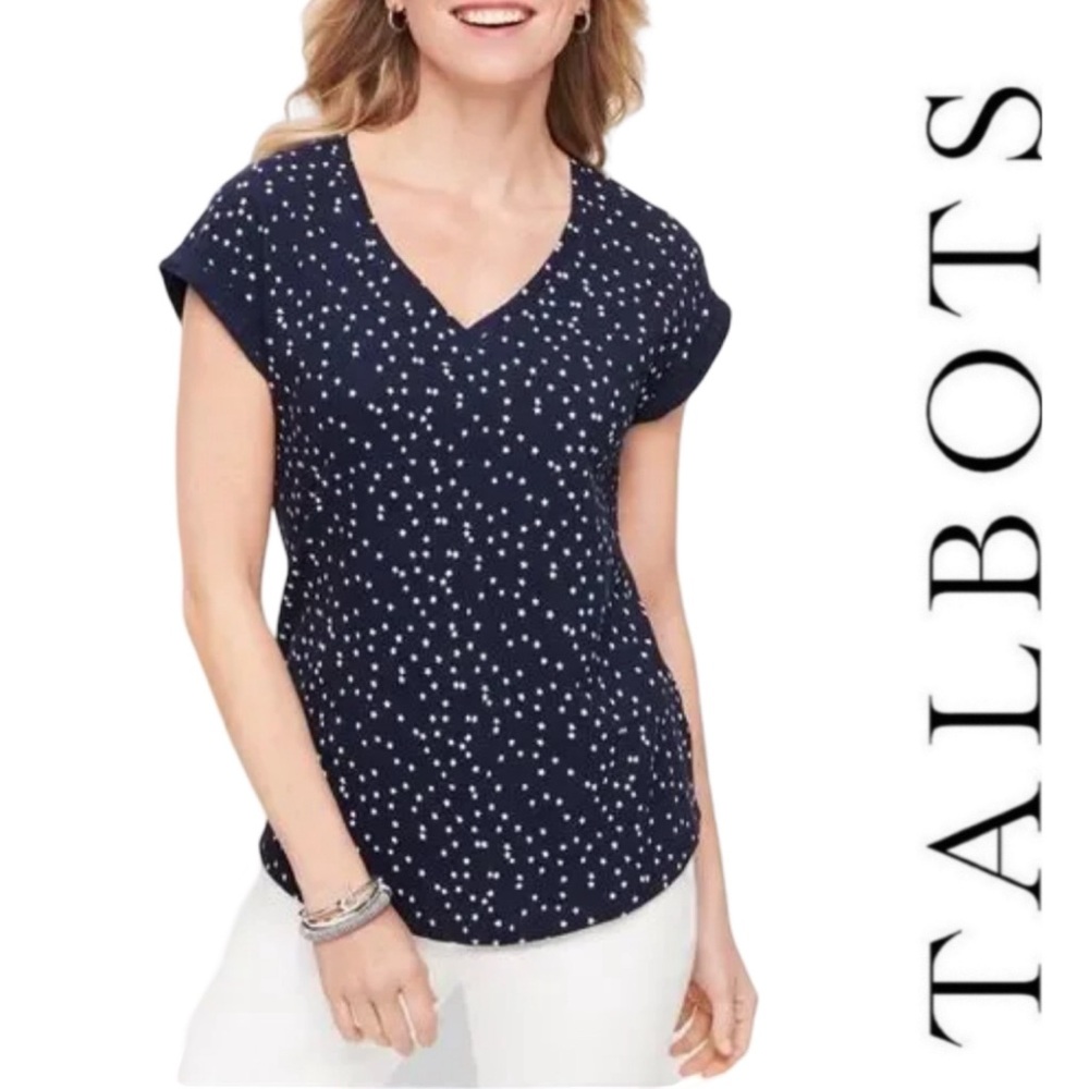 Talbots Stars V Neck Tee Shirt with Rolled Cap Sleeves Size Medium Petite